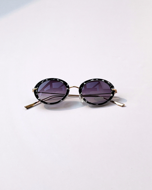 Oval Geometric Sunglasses – Black & White Frame with Purple Lenses