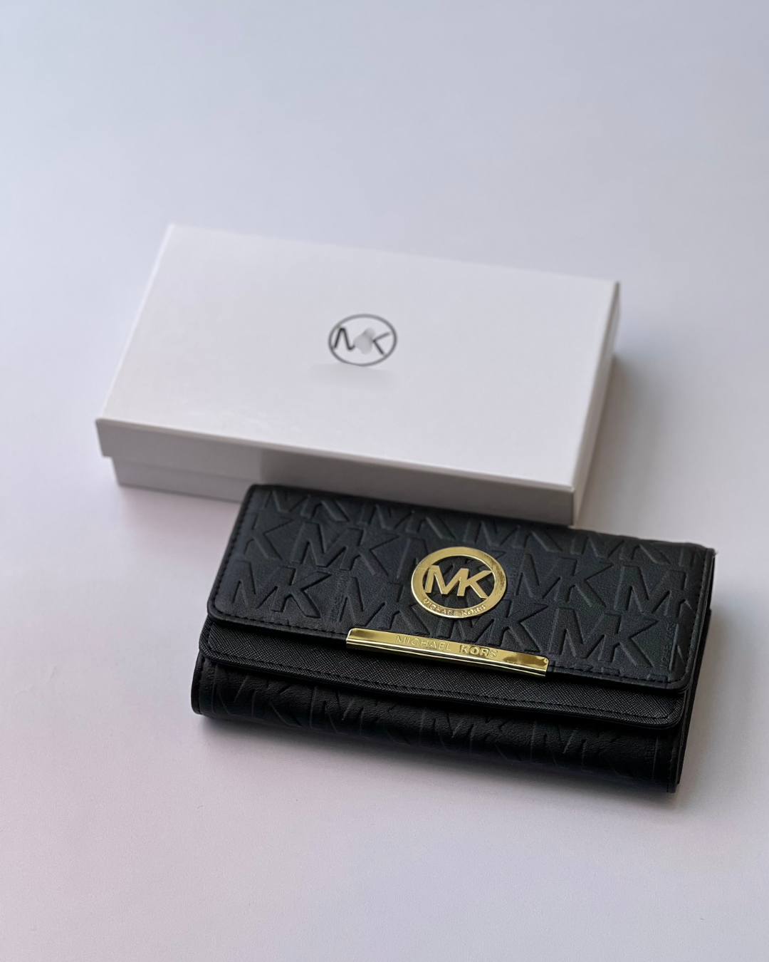 Black Ladies Long Wallet - Embossed Pattern with Gold Accent