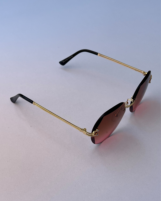 Rimless Gradient Round Sunglasses – Brown to Rose Tint with Gold Temples