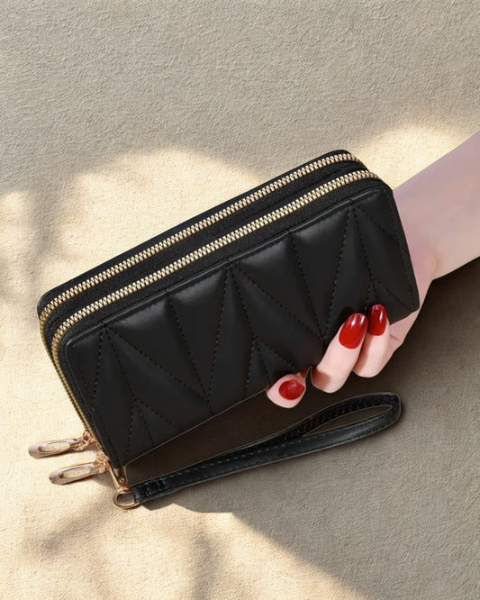 Black Women’s Dual Zipper Long Wallet – Elegant & Spacious