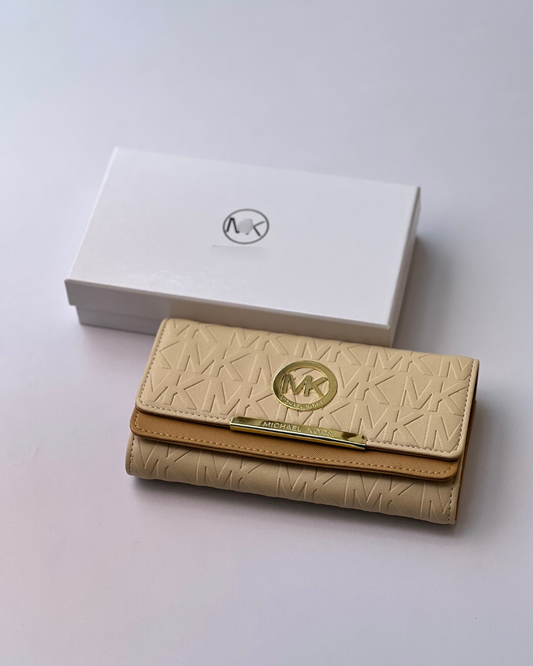 Beige Ladies Long Wallet - Embossed Pattern with Gold Accent