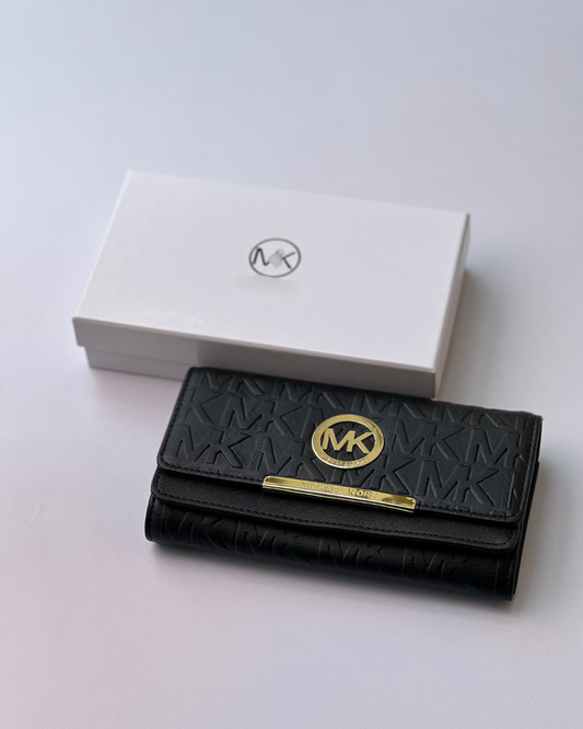 Black Ladies Long Wallet - Embossed Pattern with Gold Accent
