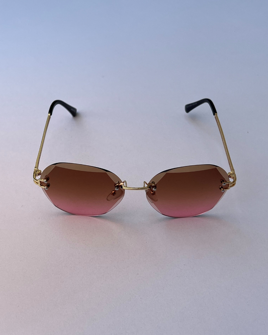 Rimless Gradient Round Sunglasses – Brown to Rose Tint with Gold Temples
