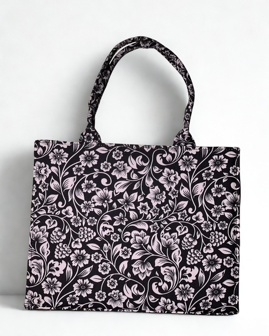 Floral Black & White Canvas Tote Bag